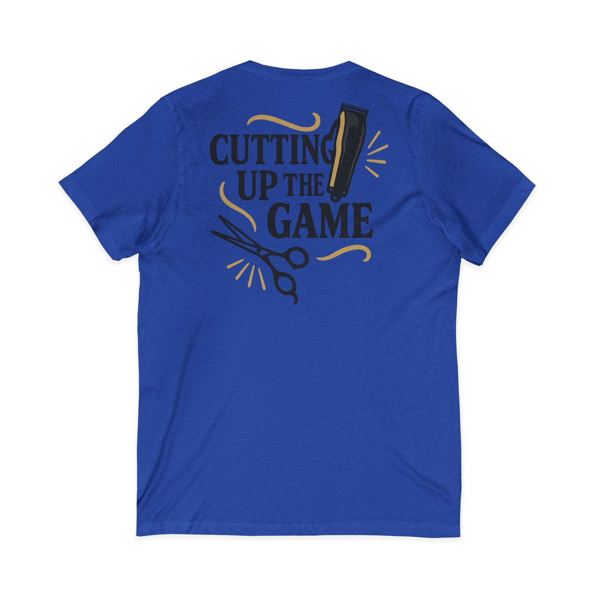 Cutting Up the Game – Front & Back Print | Queen of Kutz V-Neck Tee