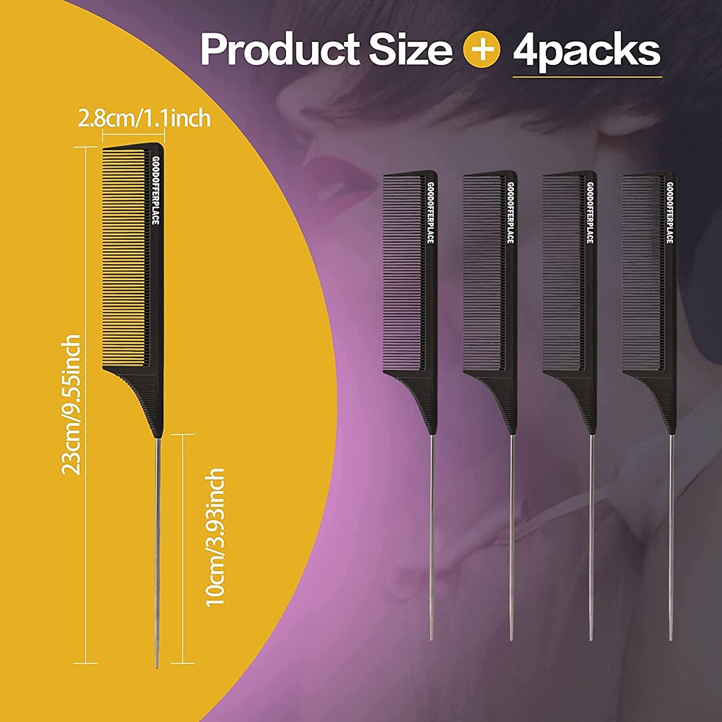 4 PCS Rat Tail Combs Parting Rattail Combs Teasing Fine Tooth Comb with Metal Pick for Curly Hair,Detangling Combs for Women,Parting Combs for Braiding,Styling Hair(Black)