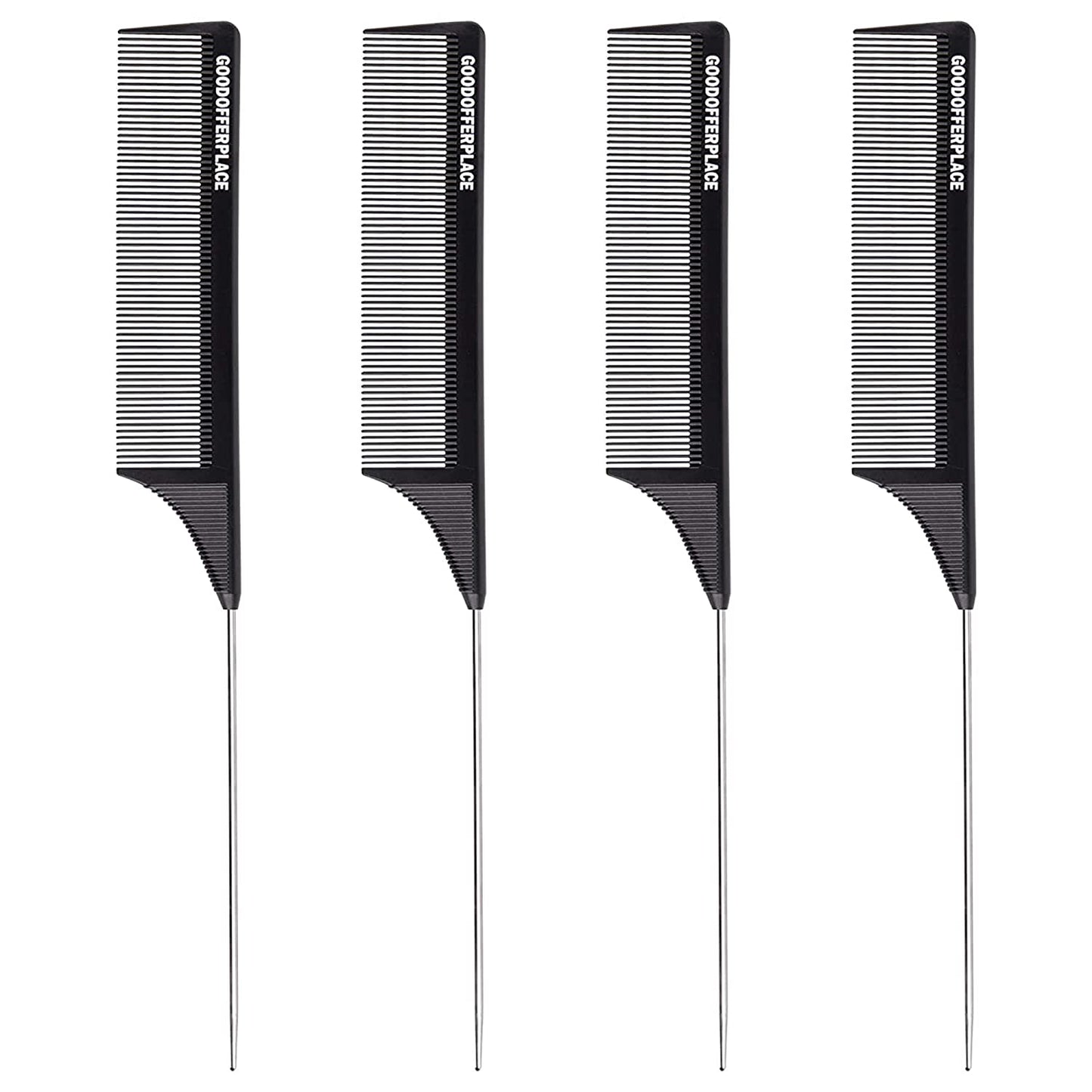 4 PCS Rat Tail Combs Parting Rattail Combs Teasing Fine Tooth Comb with Metal Pick for Curly Hair,Detangling Combs for Women,Parting Combs for Braiding,Styling Hair(Black)