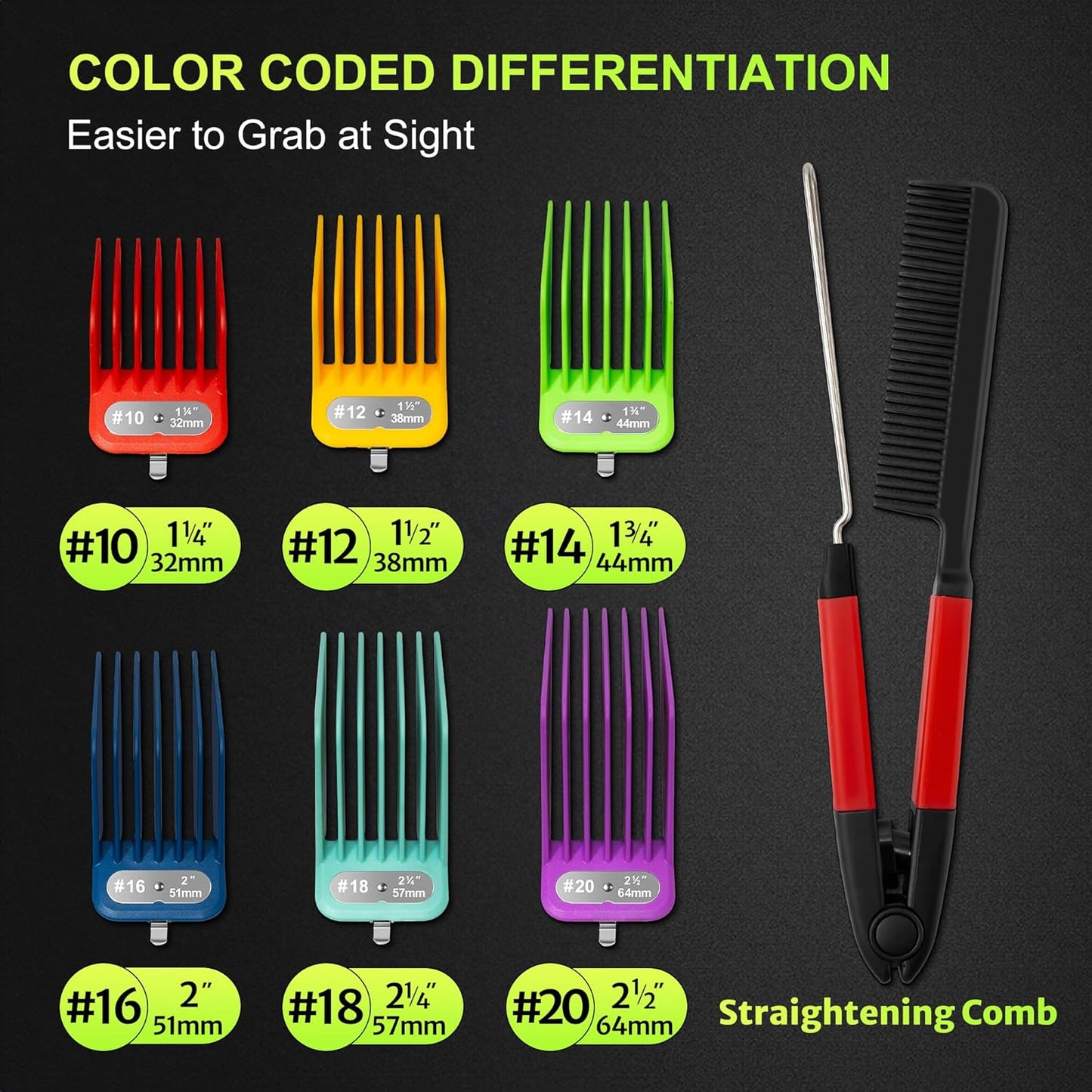 Extra Long Clipper Guards Set Fit for Andis Master, Oster Fast Feed, Andis AAC-1, GC, LCL, ML, PM-1, PM-2,PM-4, RCAC,RS-1,US-1, Size: #10-20 (Length: 1.25"- 2.5”), with Straighting Comb