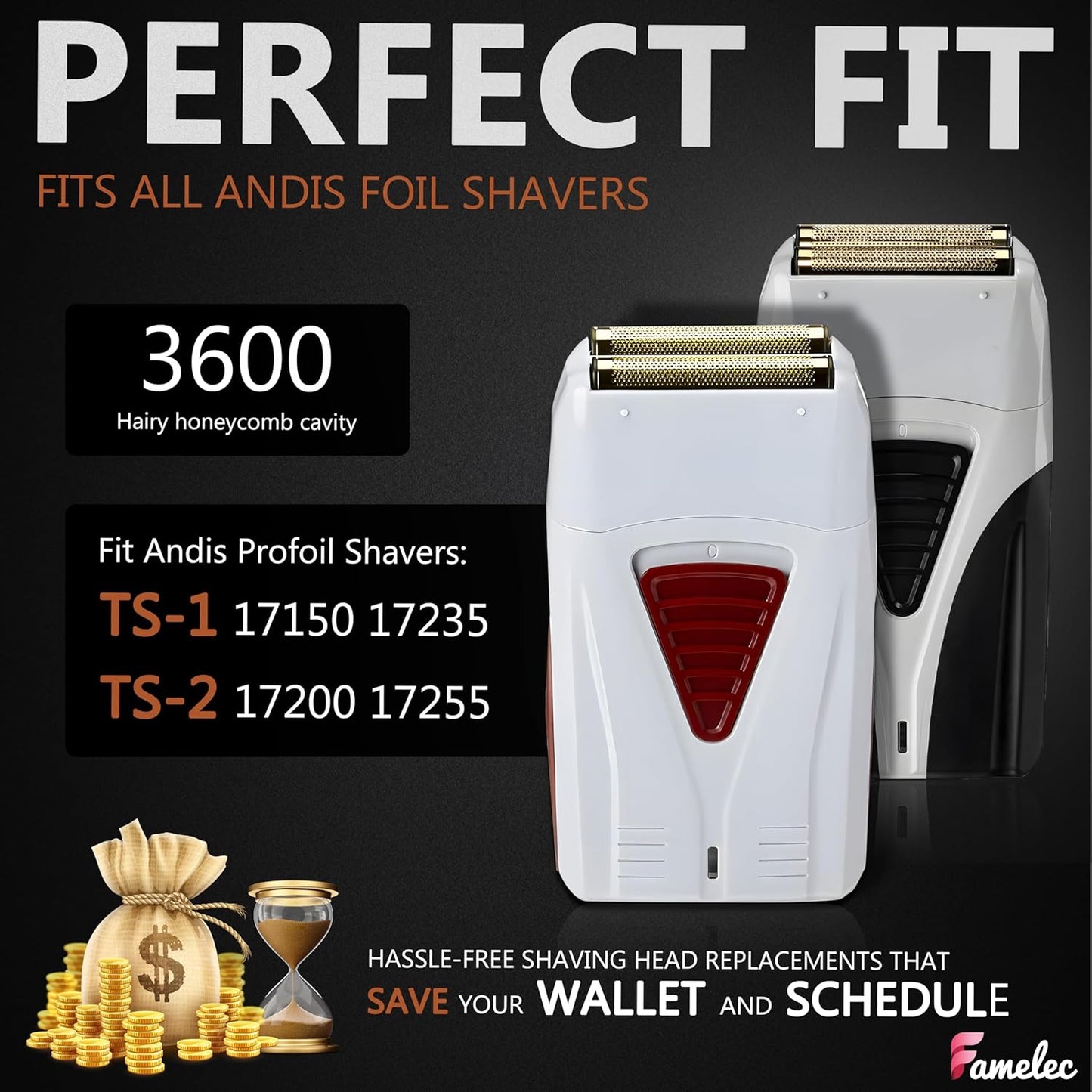 2 Pack for Andis Shaver Foil TS-1 TS-2, Profoil Lithium Shaver Replacement Titanium Foil Assembly and Inner Cutters Compatible with Andis Smooth Shaving Cordless Shavers