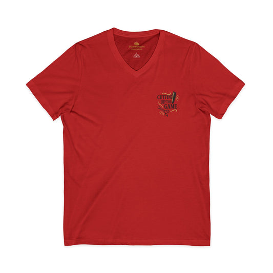 Cutting Up the Game – Front & Back Print | Queen of Kutz V-Neck Tee