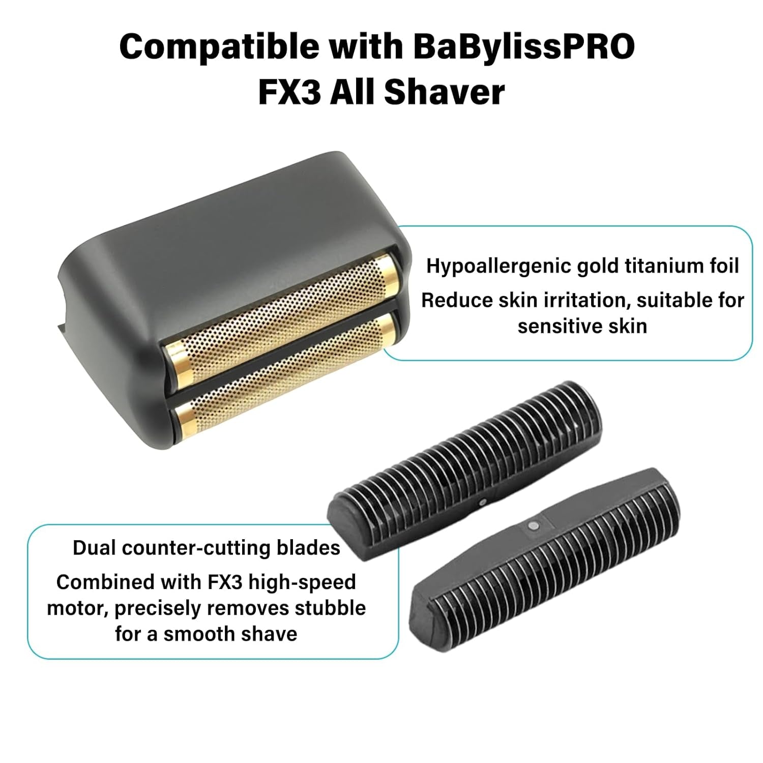 For Babyliss Foil Shaver Replacement Head Fit FX FX3 Double Foil Shaver, Barberology Professional FXX3RFB Black Replacement Foil with 2 Cutters for Babyliss Pro FX3 Shaver - Hypoallergenic Gold Foil