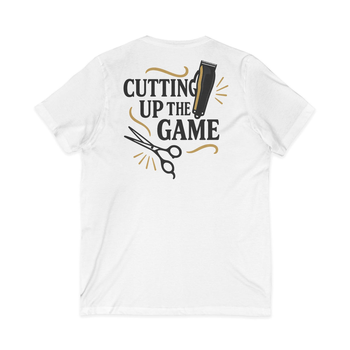 Cutting Up the Game – Front & Back Print | Queen of Kutz V-Neck Tee