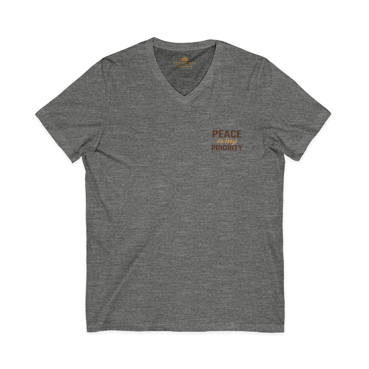 Peace and Priority in Warm Tones Vneck Tee – Front & Back Print