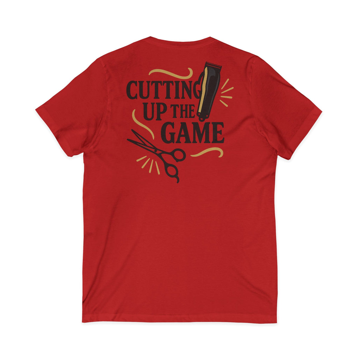 Cutting Up the Game – Front & Back Print | Queen of Kutz V-Neck Tee