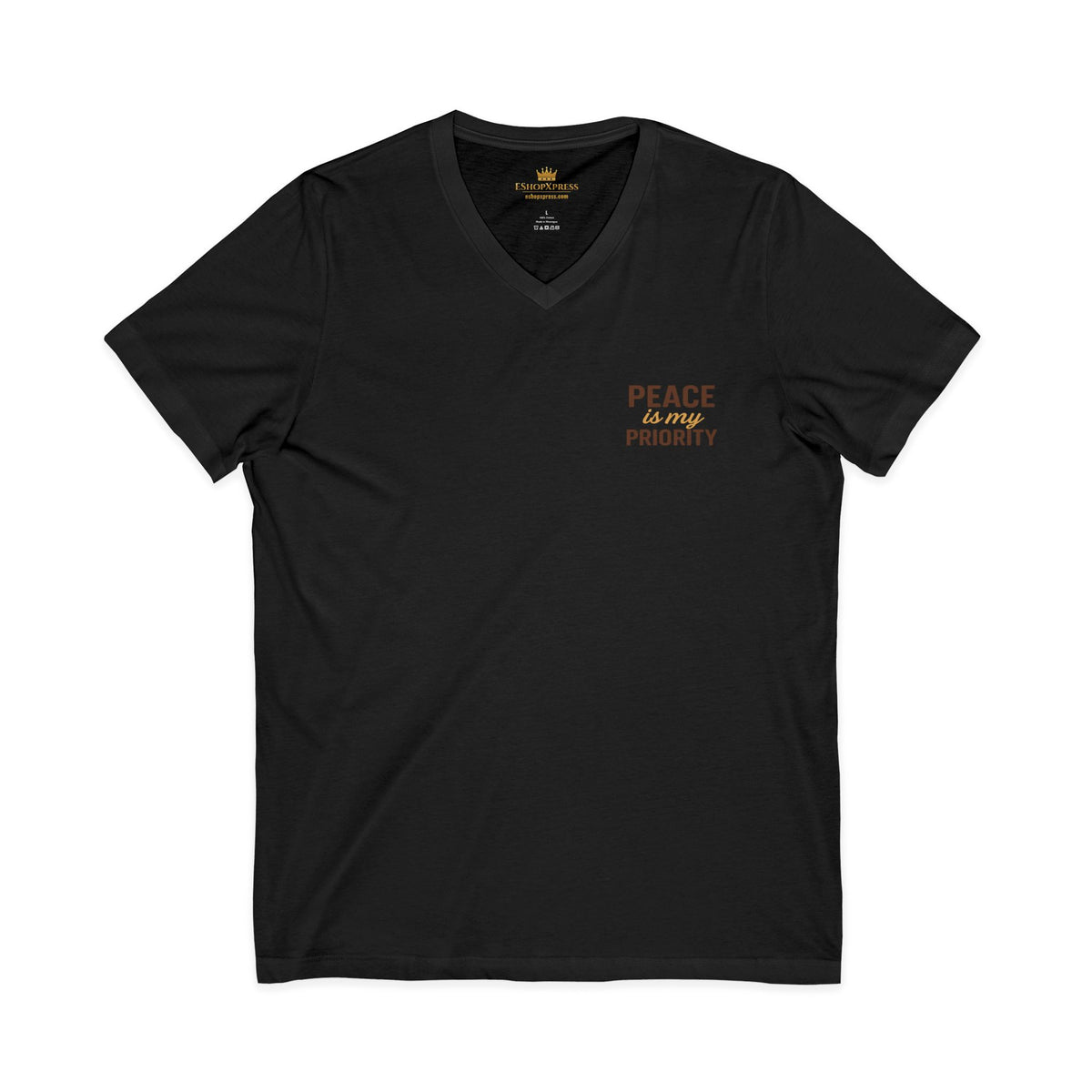 Peace and Priority in Warm Tones Vneck Tee – Front & Back Print