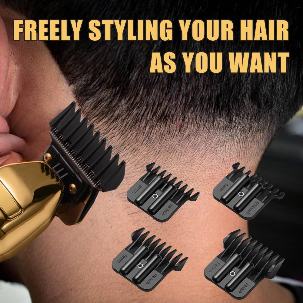Premium Trimmer Guards Compatible with Babylisspro FX787 & FX726 Trimmer, Black Coded Guards Guides with Adjustable Metal Spring Clip, from 1/32-3/8 Inch Snap on Attachment Combs Set, 4 Pack