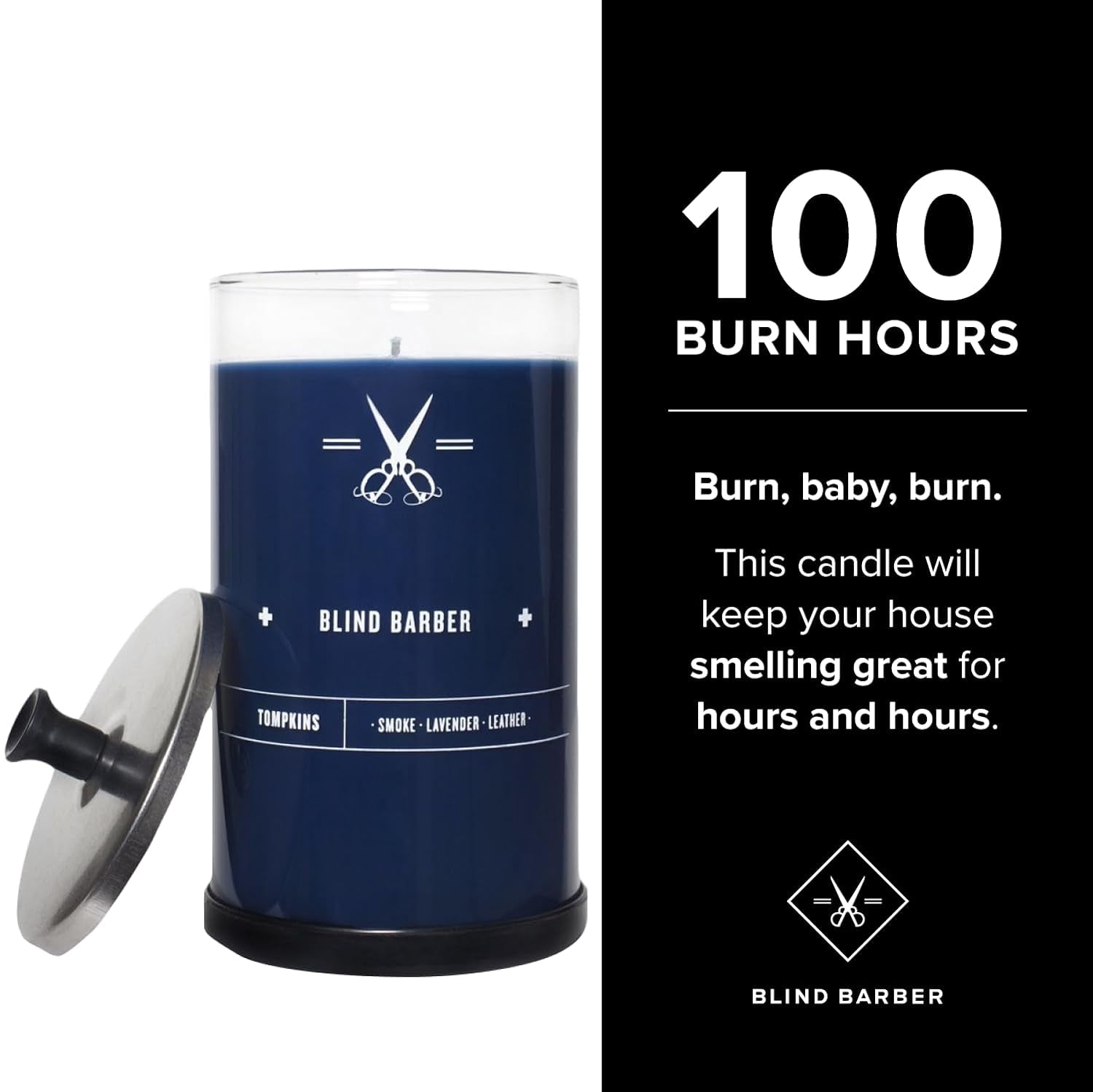 Tompkins Scented Candle - Long Lasting Soy Wax Man Candle in Barber Style Glass Jar with Notes of Leather, Smoke & Lavender - 100 Hour Burn Time (23.6Oz)