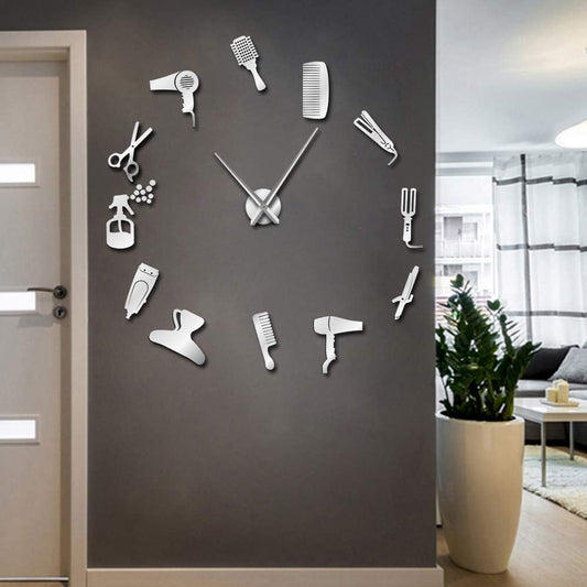 DIY Barber Shop Giant Wall Clock with Mirror Effect Barber Toolkits Decorative Frameless Clock Watch Hairdresser Barber Wall Art(Silver)