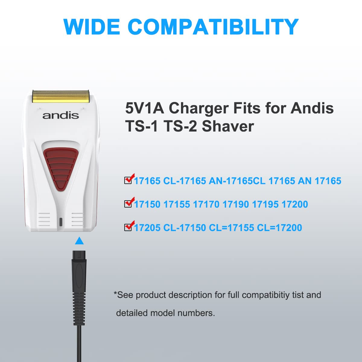 5V 1A Shaver Charger for Andis TS-1 TS-2 17150 17220 17195 Profoil 17190 17165 17170 17205 17220 Lithium Titanium Plus, 5FT Shaver Adapter Power Supply Cord