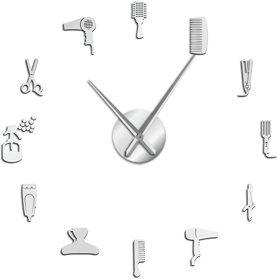 DIY Barber Shop Giant Wall Clock with Mirror Effect Barber Toolkits Decorative Frameless Clock Watch Hairdresser Barber Wall Art(Silver)