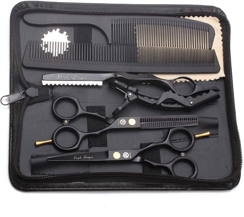 5.5 Inch Purple Hair Cutting Scissors Set with Razor, Leather Scissors Case, Barber Hair Cutting Shears Hair Thinning/Texturizing Shears for Professional Hairdresser or Home Use (Black)