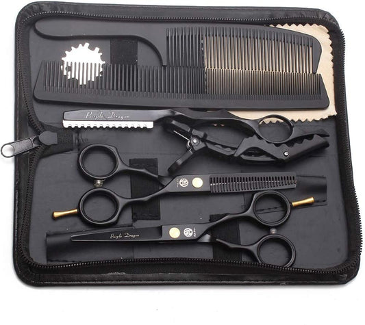 5.5 Inch Purple Hair Cutting Scissors Set with Razor, Leather Scissors Case, Barber Hair Cutting Shears Hair Thinning/Texturizing Shears for Professional Hairdresser or Home Use (Black)