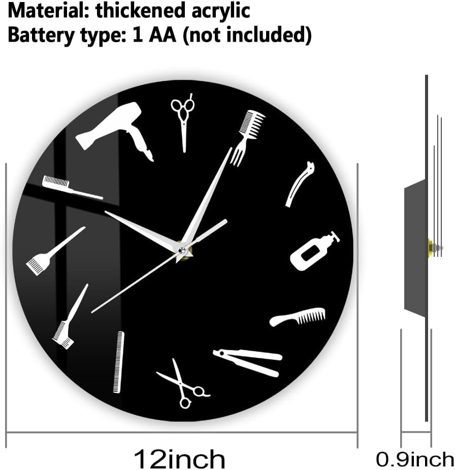 12 Inch Barbershop Clock Barber Equipment Tools Silent Wall Clock Battery Operated Quartz Modern Barber Shop Business Sign Acrylic Hanging Watch for Beauty Hair Salon Hairdresser Gift