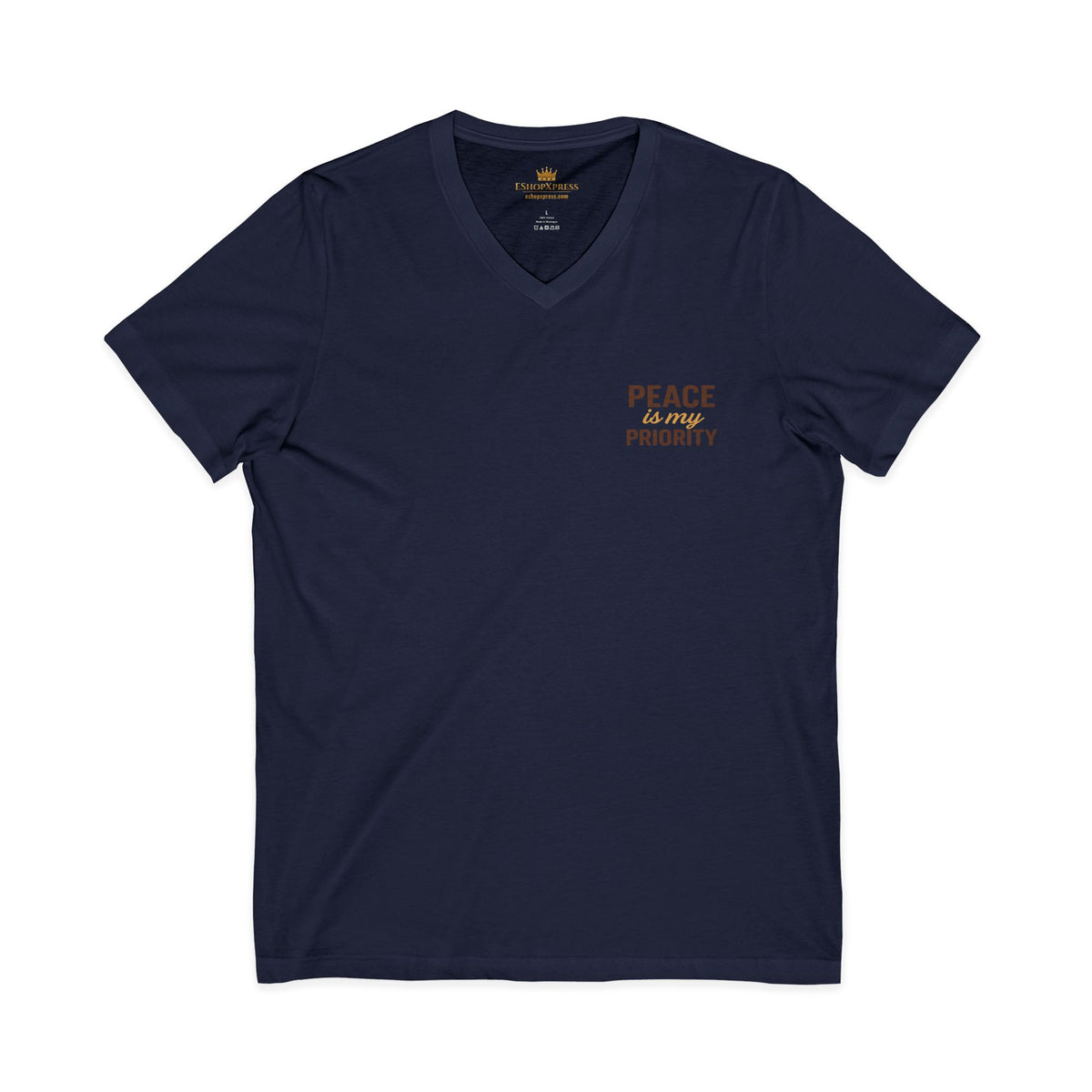 Peace and Priority in Warm Tones Vneck Tee – Front & Back Print