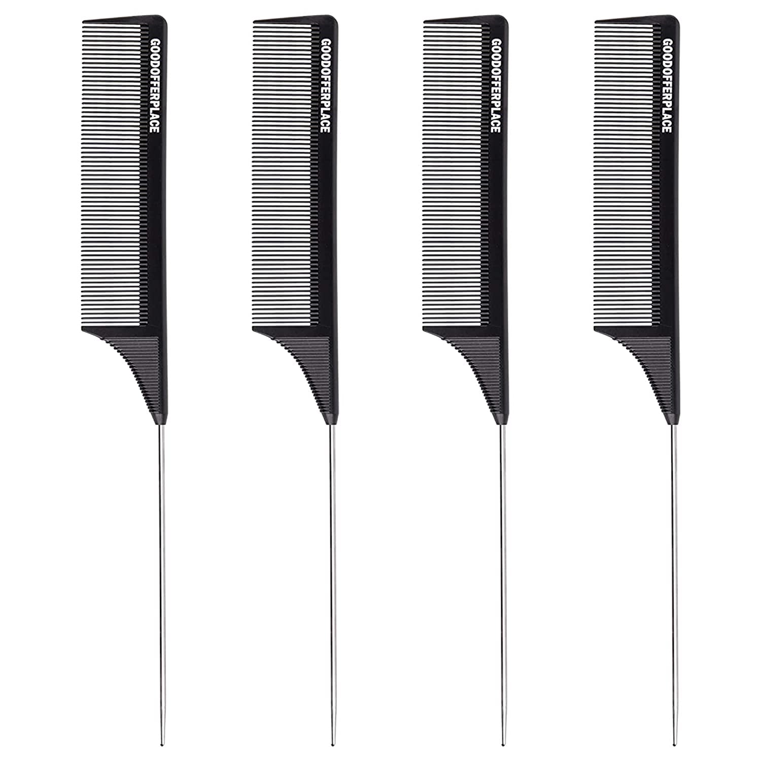 4 PCS Rat Tail Combs Parting Rattail Combs Teasing Fine Tooth Comb with Metal Pick for Curly Hair,Detangling Combs for Women,Parting Combs for Braiding,Styling Hair(Black)