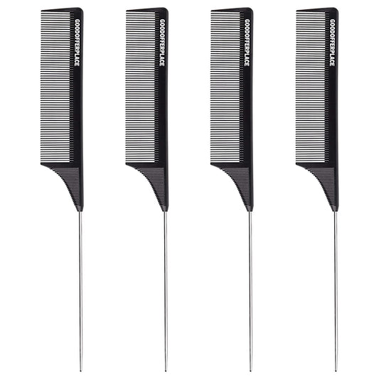 4 PCS Rat Tail Combs Parting Rattail Combs Teasing Fine Tooth Comb with Metal Pick for Curly Hair,Detangling Combs for Women,Parting Combs for Braiding,Styling Hair(Black)