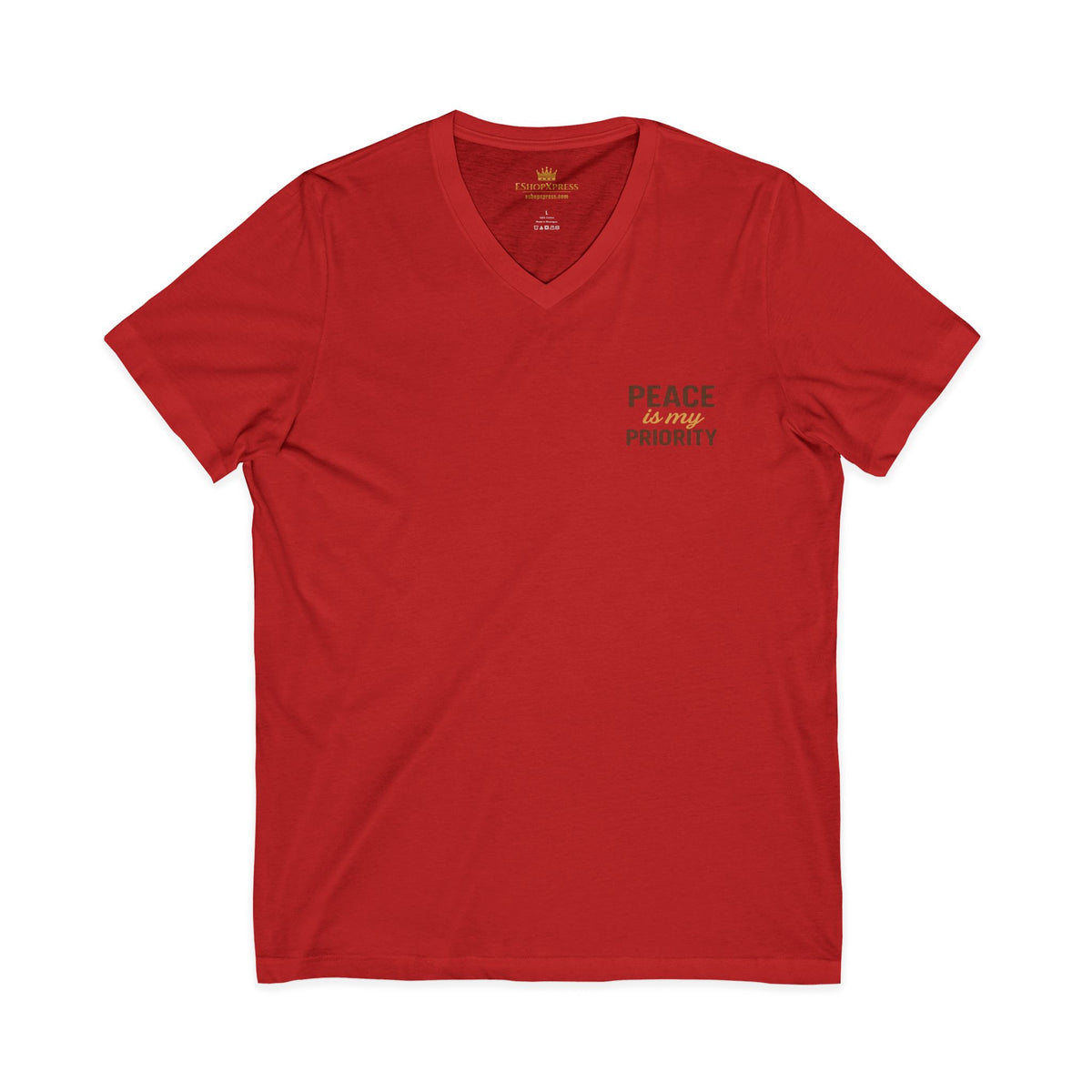 Peace and Priority in Warm Tones Vneck Tee – Front & Back Print