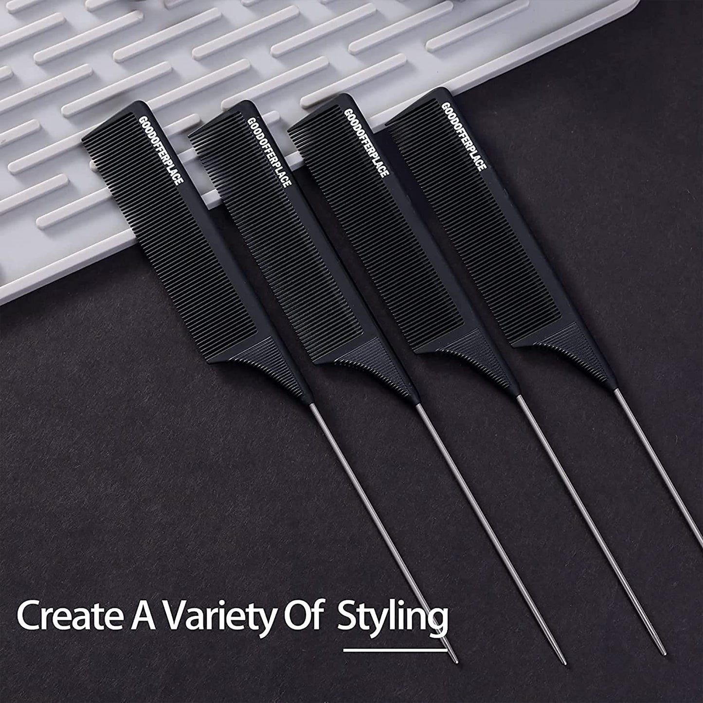 4 PCS Rat Tail Combs Parting Rattail Combs Teasing Fine Tooth Comb with Metal Pick for Curly Hair,Detangling Combs for Women,Parting Combs for Braiding,Styling Hair(Black)