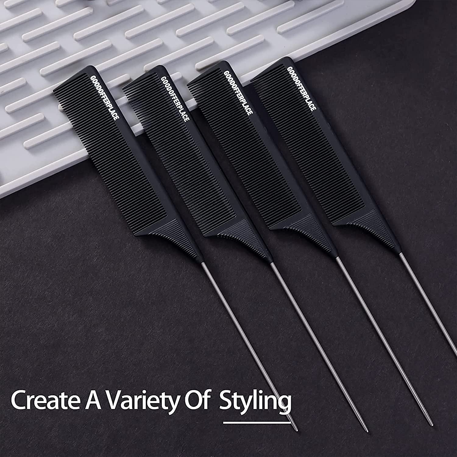 4 PCS Rat Tail Combs Parting Rattail Combs Teasing Fine Tooth Comb with Metal Pick for Curly Hair,Detangling Combs for Women,Parting Combs for Braiding,Styling Hair(Black)