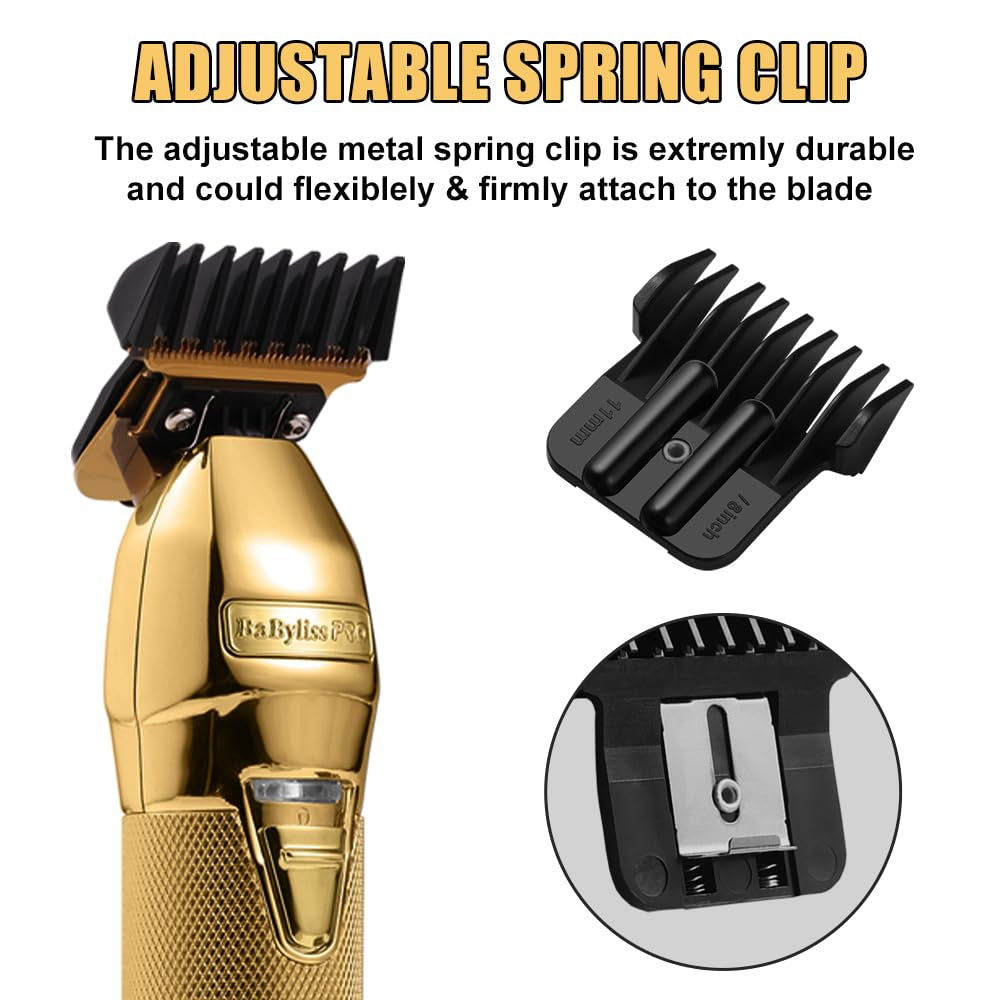 Premium Trimmer Guards Compatible with Babylisspro FX787 & FX726 Trimmer, Black Coded Guards Guides with Adjustable Metal Spring Clip, from 1/32-3/8 Inch Snap on Attachment Combs Set, 4 Pack