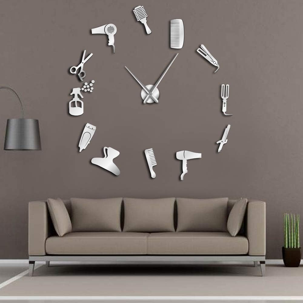 DIY Barber Shop Giant Wall Clock with Mirror Effect Barber Toolkits Decorative Frameless Clock Watch Hairdresser Barber Wall Art(Silver)