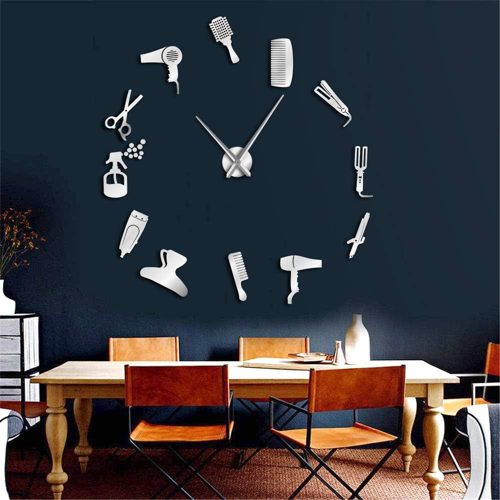 DIY Barber Shop Giant Wall Clock with Mirror Effect Barber Toolkits Decorative Frameless Clock Watch Hairdresser Barber Wall Art(Silver)