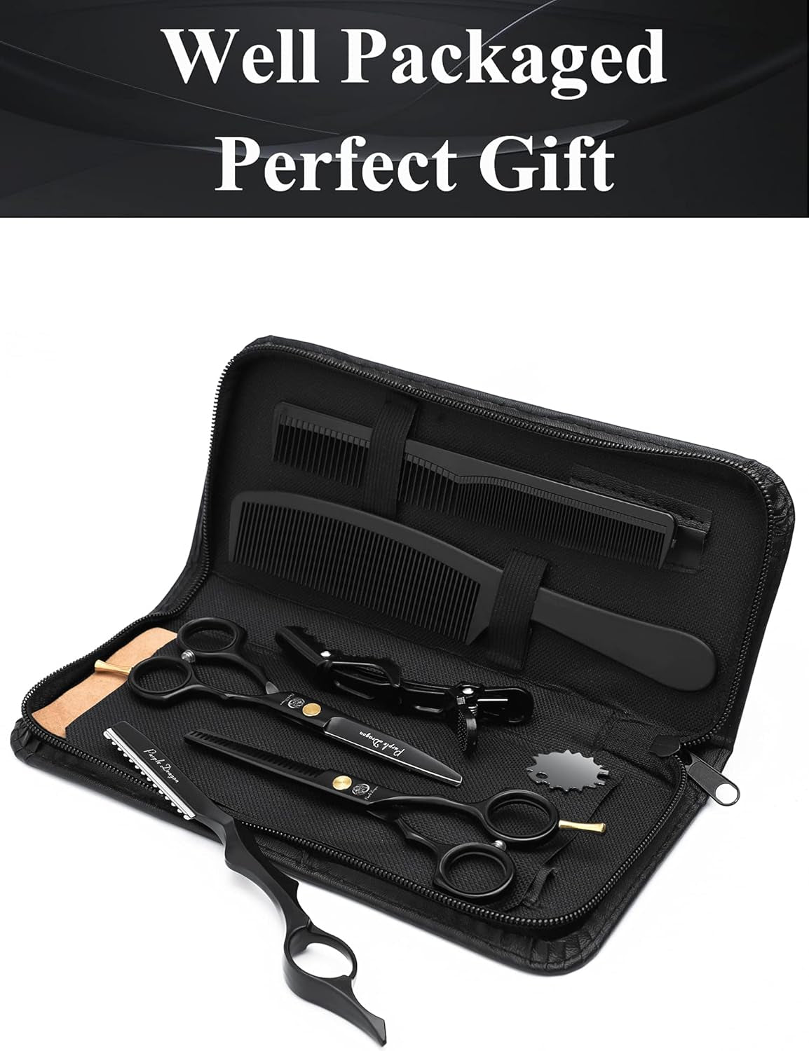 5.5 Inch Purple Hair Cutting Scissors Set with Razor, Leather Scissors Case, Barber Hair Cutting Shears Hair Thinning/Texturizing Shears for Professional Hairdresser or Home Use (Black)