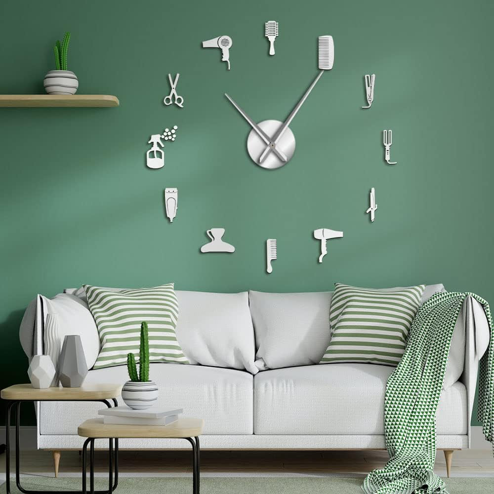 DIY Barber Shop Giant Wall Clock with Mirror Effect Barber Toolkits Decorative Frameless Clock Watch Hairdresser Barber Wall Art(Silver)