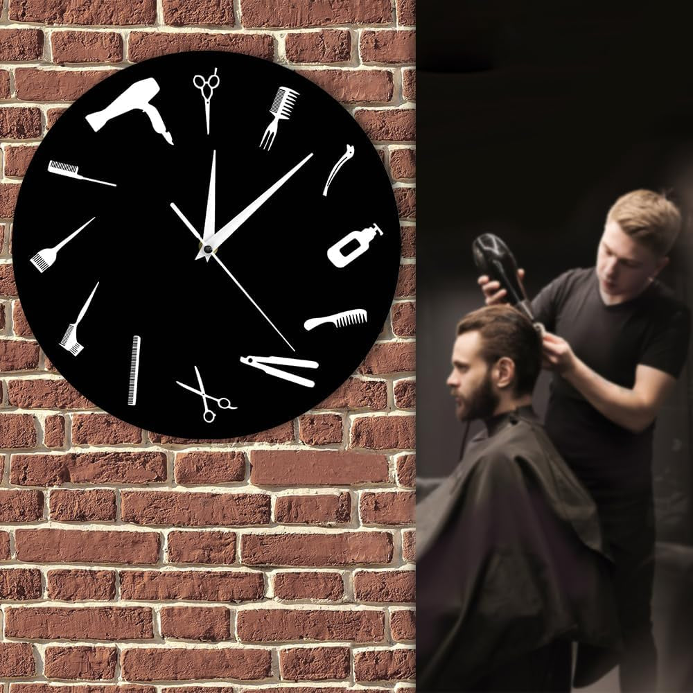 12 Inch Barbershop Clock Barber Equipment Tools Silent Wall Clock Battery Operated Quartz Modern Barber Shop Business Sign Acrylic Hanging Watch for Beauty Hair Salon Hairdresser Gift