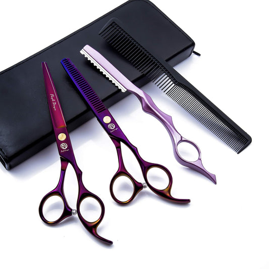 6.0 Inch Purple Hair Cutting Scissors Set with Razor, Leather Scissors Case, Barber Hair Cutting Shears Hair Thinning/Texturizing Shears for Professional Hairdresser or Home Use